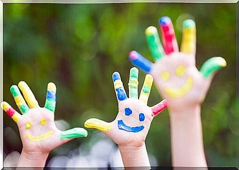 Children's hands with paint. 