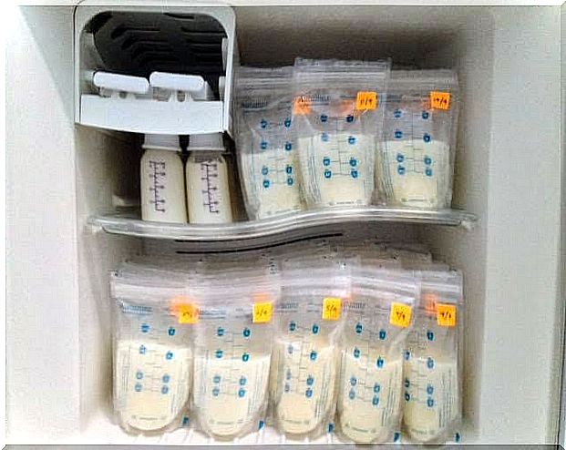 Breast milk pouches and bottles in a refrigerator