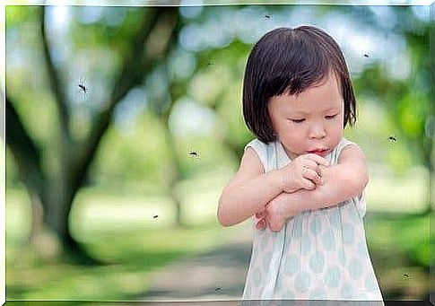 A little girl bitten by a mosquito.