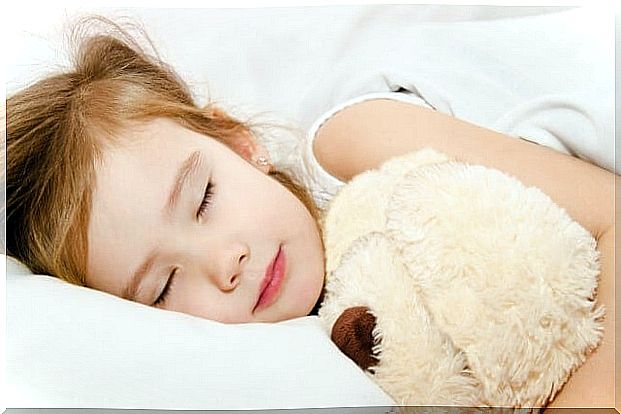 Sleeping little girl with a soft toy 