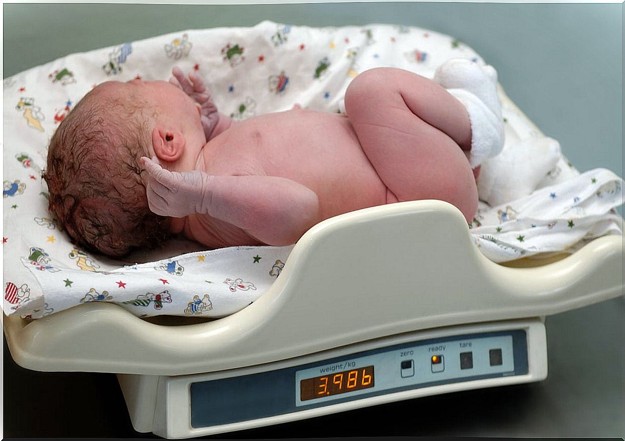 Newborn baby on a weighing scale.